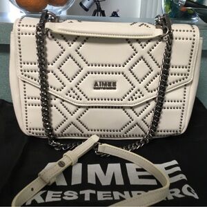 Aimee Kestenberg White Leather Studded Shoulder Bag with Silver Chain